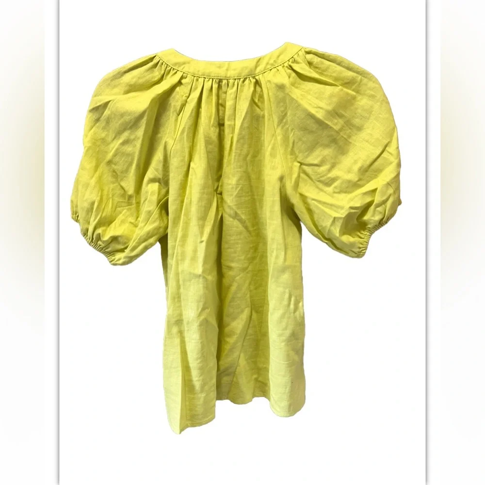 Loft  Boho Women’s Lemon Green XSP Tie Neck Short Puff Sleeve  Blouse